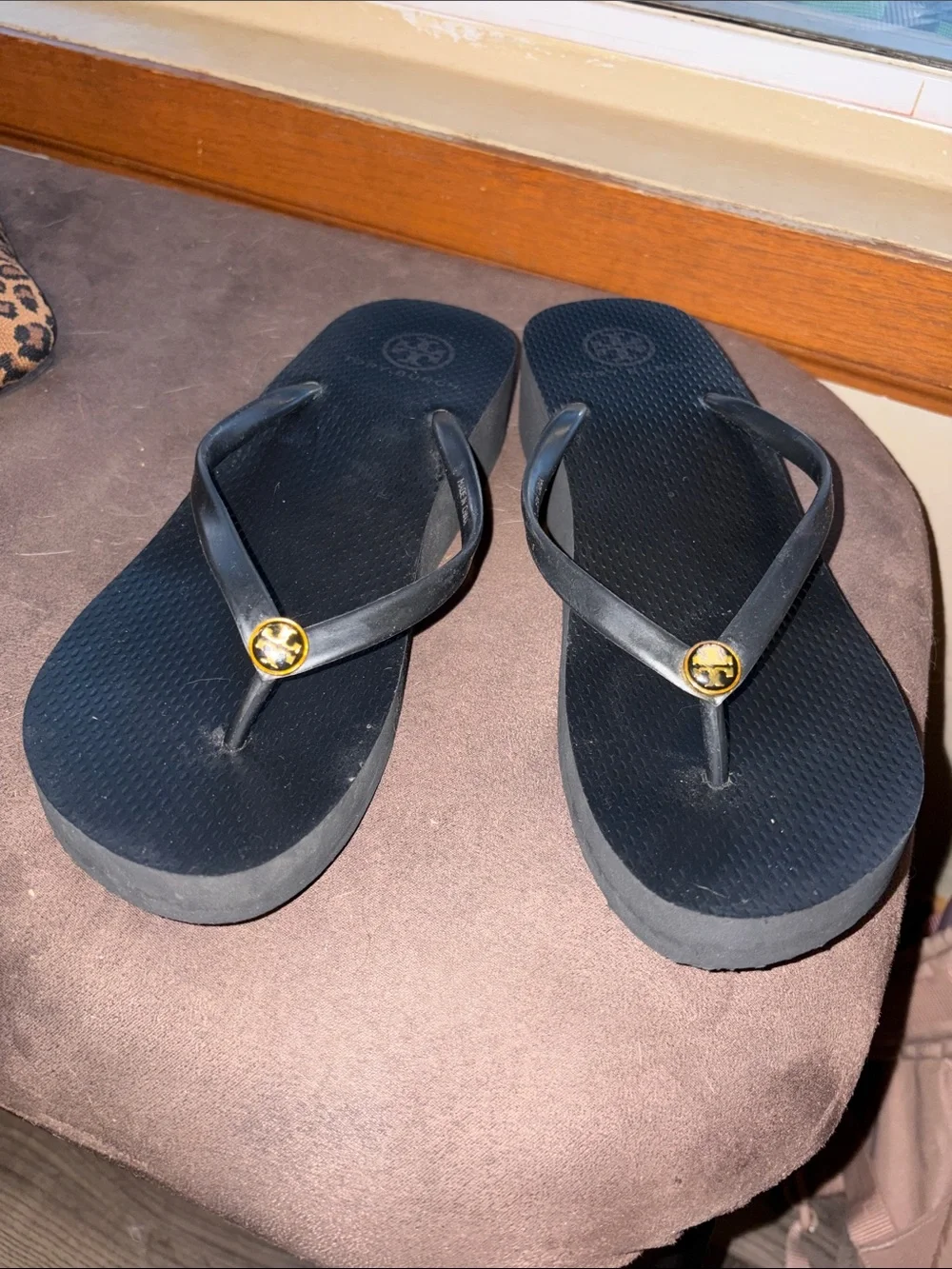 Tory Burch Black Platform Flip Flop Sandals with Gold Logo